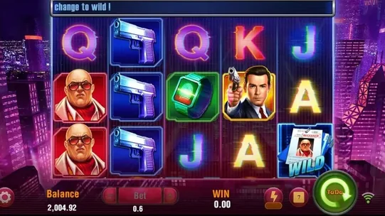 Agent Ace in-game reels — agent, villain and metal card-suit symbols in a teal command centre