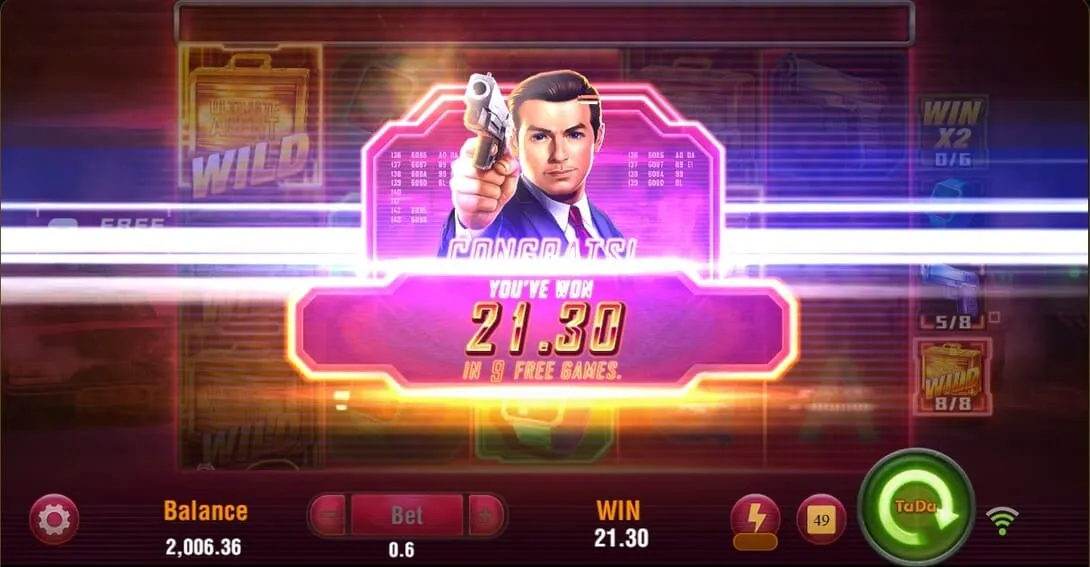 Agent Ace free spins win screen — a multiplied win banner across the reels