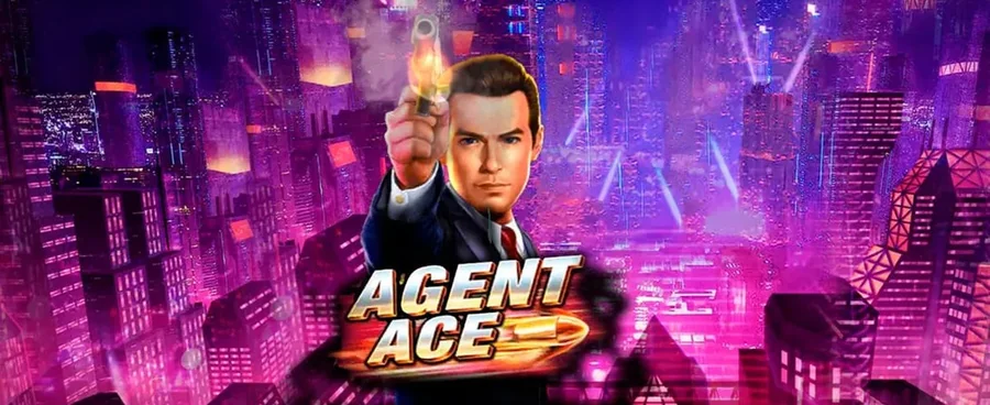 Agent Ace slot key art — secret agent aiming a pistol over a neon city skyline